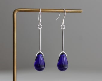 Sterling silver bar with cobalt blue teardrop earrings Minimal stylish earrings Gift