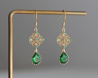 Gold plated filigree earrings with emerald green zircon teardrops Wedding Bridesmaid earrings Gift