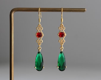 Gold plated earrings with red and green teardrops Occasion earrings Wedding earrings Gift