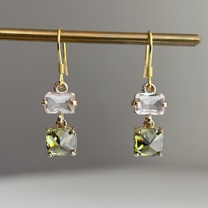 Olive Green & Clear Glass Bead Earrings: Gold Plated Sterling Silver