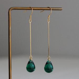 Gold plated silver chain Emerald green glass teardrop earrings Wedding Bridesmaid earrings occasion earrings Gift