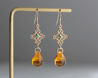 Gold plated filigree earrings with amber colour glass teardrops Wedding Bridesmaid earrings Gift