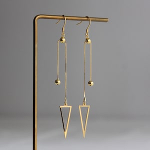 Gold plated over silver long chain triangle earrings Modern minimal earrings Unique Statement earrings Gift