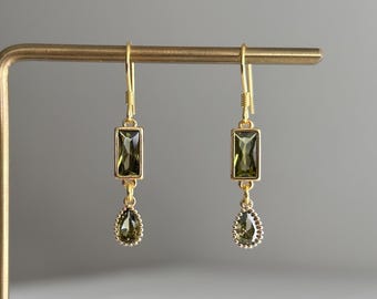 Olive green square and teardrop earrings wtih Gold plated over silver ear wires