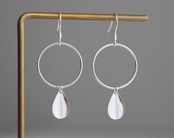 Sterling silver hoop and raindrop earrings Minimal Geometric earrings Gift