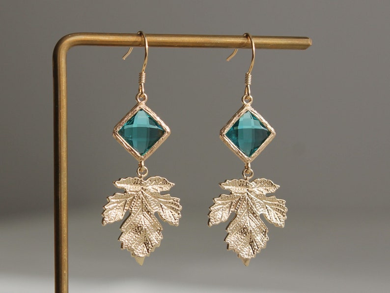 Gold plated leaf and emerald green glass bead earrings Wedding Bridesmaids earrings Christmas party earrings image 1