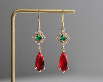 Ruby Red and Emerald Green Crystal Drop Earrings, Gold  display picture 2
