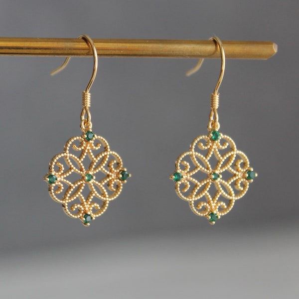 Gold plated filigree with emerald green zircon earrings Dainty earrings Wedding Bridesmaid earrings Gift