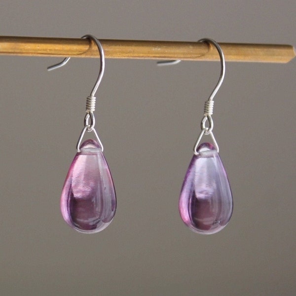 Red and purple two tone Czech glass beads teardrop earrings Everyday Minimal earrings Gift