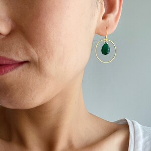 Gold plated over silver hoop earrings with emerald green glass teardrops Gift image 6