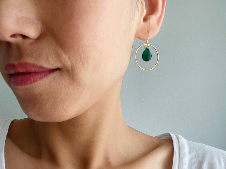 Gold plated over silver hoop earrings with emerald green glass teardrops Gift image 6