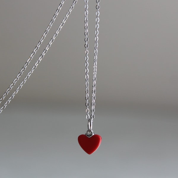 Petit collier coeur rouge avec chaîne en argent sterling Collier délicat Cadeau