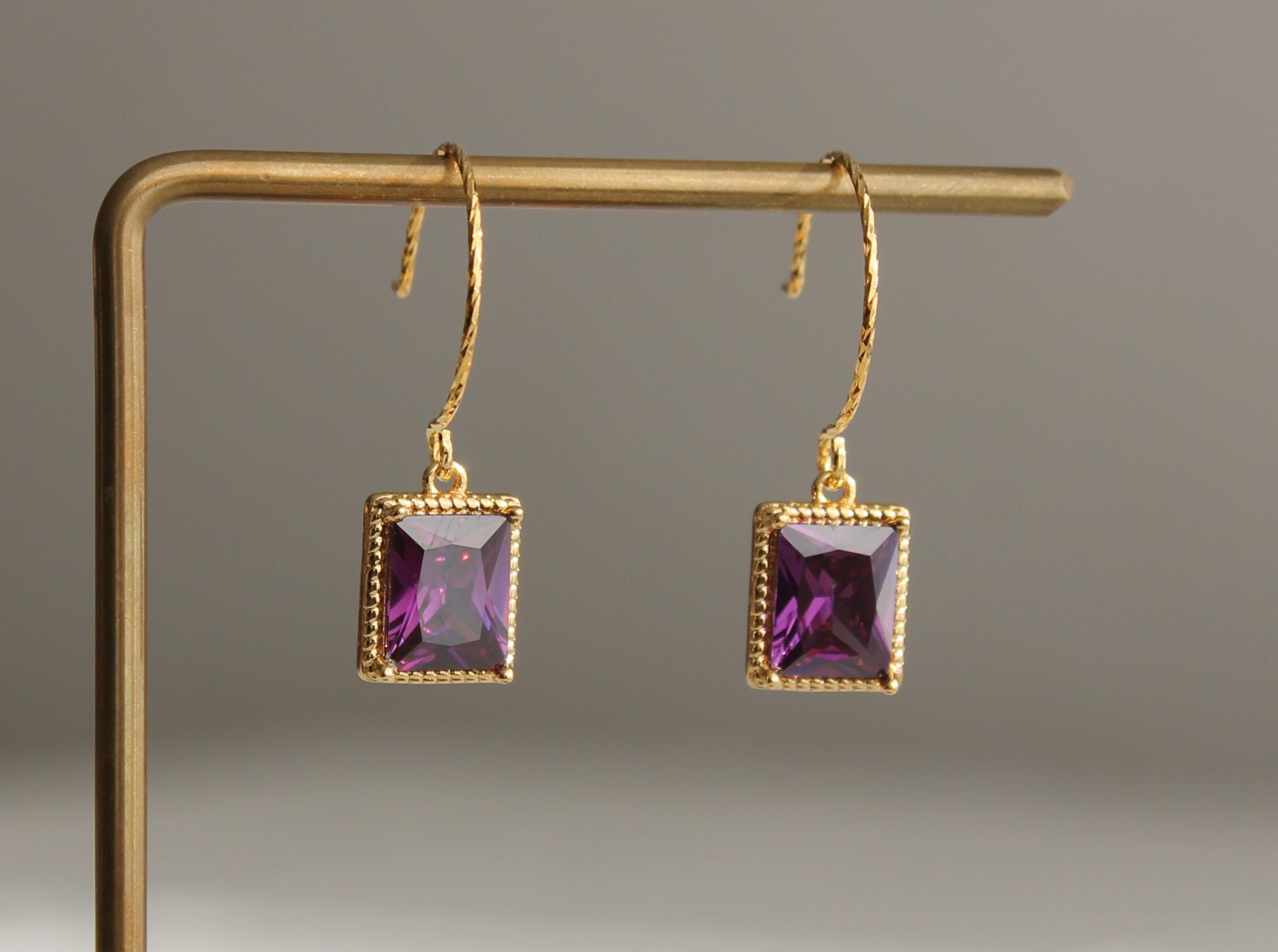 Purple square zircon earrings with oversized gold plated over silver ear wires