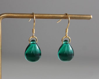 Emerald green Glass teardrop earrings Minimal classic earrings Essential earrings Gift