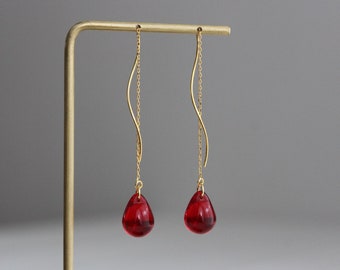 Gold plated over silver threader earrings with red glass teardrops Gift