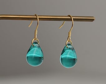 Teal green glass teardrop earrings Gold plated over silver ear wires