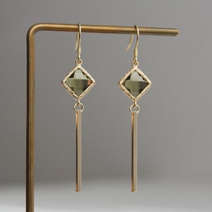 Gold plated bar with peridot green glass beads earrings Geometric earrings Gift image 1