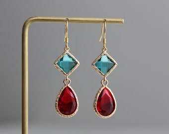 Rose pink square and teal green teardrop earrings Gift