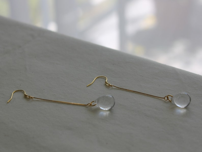Gold plated long chain with clear glass teardrop earrings Minimal earrings Occasion earrings Gift image 7