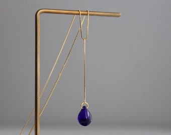 Lariat necklace Cobalt blue teardrop necklace with gold plated over silver chain Occasion necklace Gift