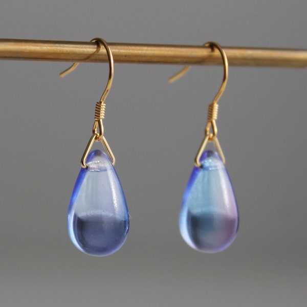 Blue and purple two tone glass teardrop earrings Everyday Minimal earrings Gift
