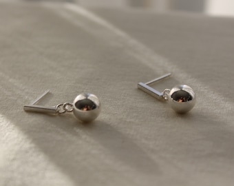 Sterling silver ball earrings with bar post Minimal geometric earrings Gift