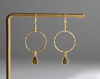 Gold plated over silver patterned hoop with peridot green teardrop earrings Everyday Minimal earrings Gift