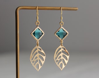 Gold plated leaf and emerald green glass bead earrings Wedding Bridesmaids earrings Gift