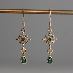 Small gold plated filigree earrings with emerald green zircon teardrops Wedding Bridesmaid earrings Gift