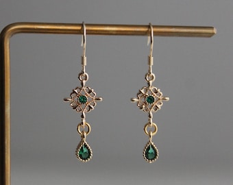 Small gold plated filigree earrings with emerald green zircon teardrops Wedding Bridesmaid earrings Gift