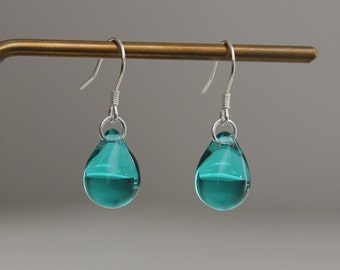 Teal green glass teardrop earrings with sterling silver ear wires Minimal Essential earrings Gift