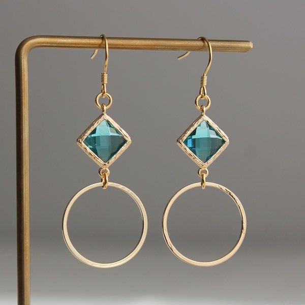 Gold plated hoop earrings with emerald green beads earrings Geometric earrings Gift