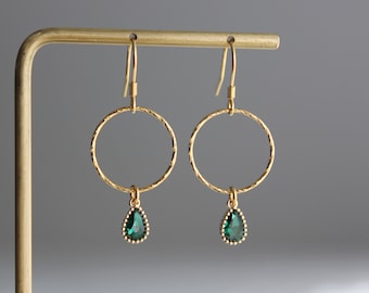 Gold plated over silver patterned hoop with emerald green teardrop earrings Everyday Minimal earrings Gift