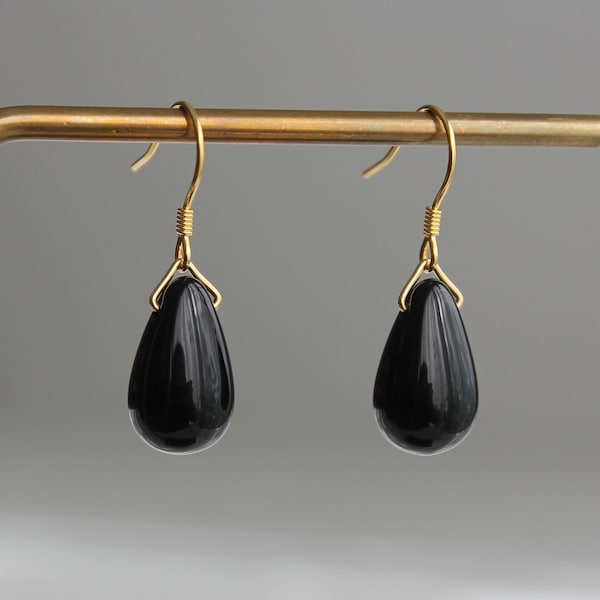 Black Glass teardrop earrings with gold plated over silver hooks Minimal classic earrings Gift