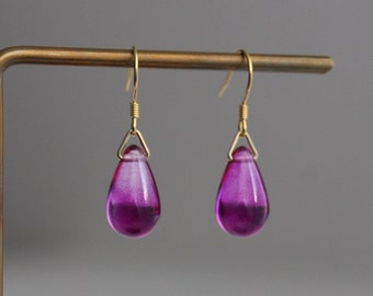 Fuschia pink and clear two tone glass teardrop earrings with gold plated over silver ear wires Minimal earrings Gift