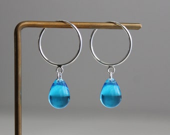 Sterling silver hoop earrings Capri blue teardrop earrings Minimal earrings Gift