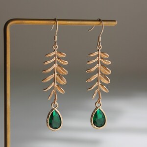 Gold plated leaf and emerald green bead earrings Wedding Bridesmaids earrings Gift image 2