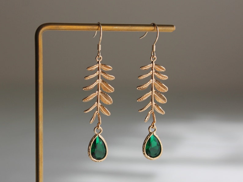 Gold plated leaf and emerald green bead earrings Wedding Bridesmaids earrings Gift image 2