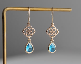 Gold plated celtic pendant with capri blue teardrop earrings Wedding Bridesmaid earrings Gift