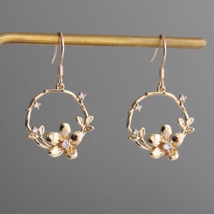 Small gold plated flower wreath earrings with zircon Dainty earrings Wedding Bridesmaid earrings Gift image 1