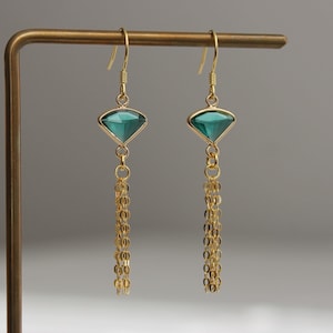 Teal green fan shaped earrings with gold plated over silver tassels Party earrings Gift for her