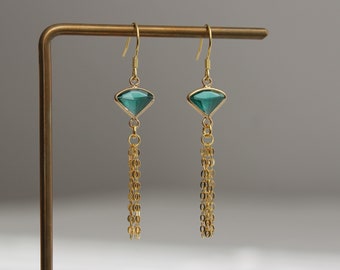 Teal green fan shaped earrings with gold plated over silver tassels Gift