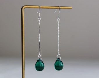 Sterling silver chain and emerald green teardrop earrings Gift