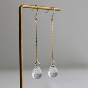 Gold plated long chain with clear glass teardrop earrings Minimal earrings Occasion earrings Gift image 5