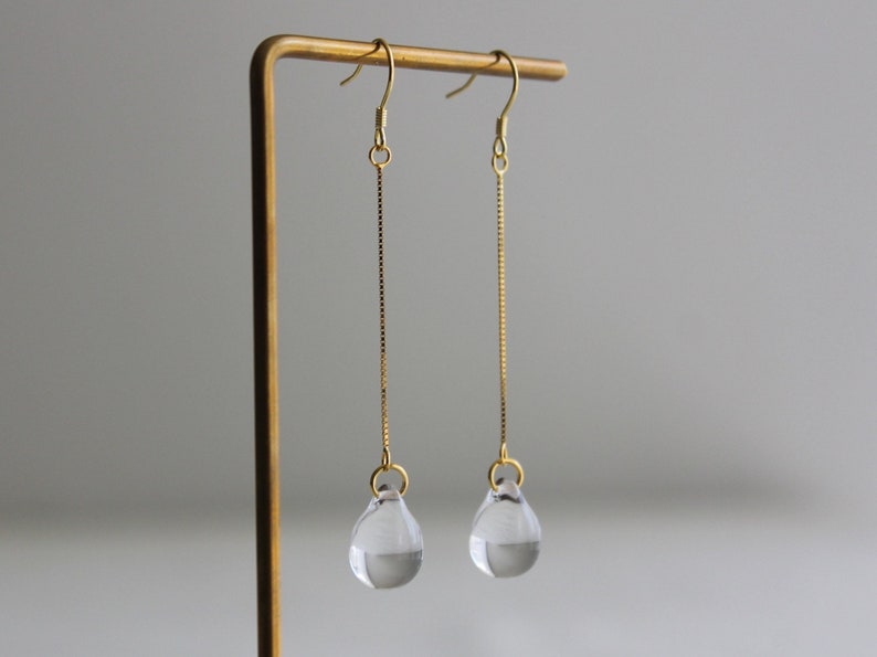 Gold plated long chain with clear glass teardrop earrings Minimal earrings Occasion earrings Gift image 5