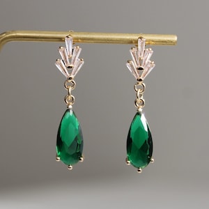 Clear zircon leaf and emerald green teardrop earrings Elegant Occasion earrings