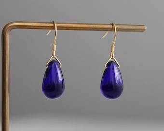 Cobalt blue Glass teardrop earrings with gold plated over silver hooks Minimal classic earrings Gift