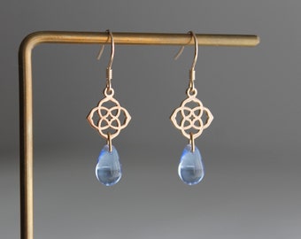 Gold plated celtic pendant with light sapphire blue glass teardrop earrings Gift