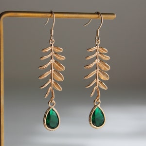 Gold plated leaf and emerald green bead earrings Wedding Bridesmaids earrings Gift image 1