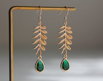 Gold plated leaf and emerald green bead earrings Wedding Bridesmaids earrings Gift